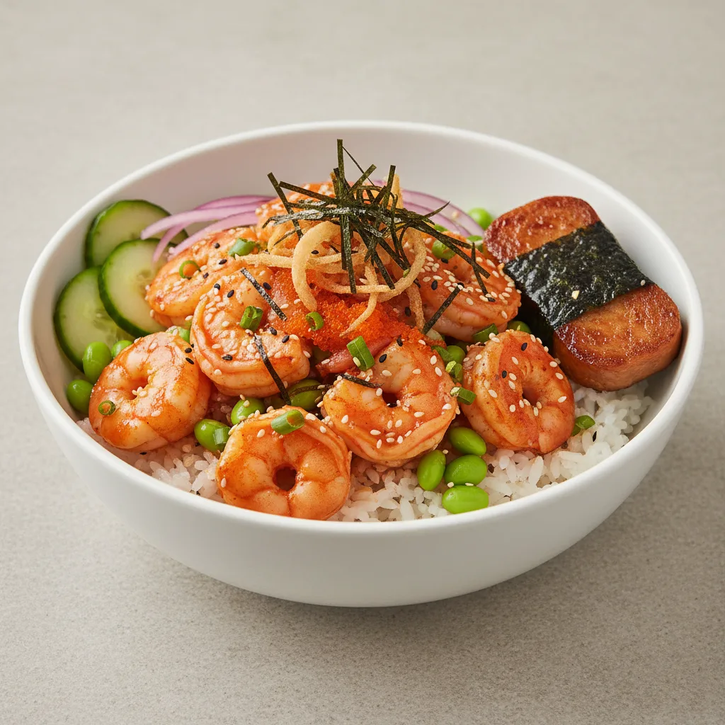 Spicy Shrimp Bowl Combo (Regular) — White Rice / Garlic Spam Musubi Spicy Shrimp Bowl Combo (Regular) — White Rice / Garlic Spam Musubi