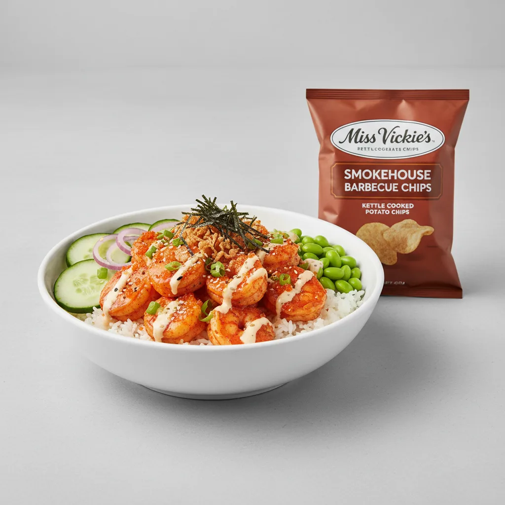 Spicy Shrimp Bowl Combo (Regular) — White Rice / Miss Vickie's Smokehouse Barbecue Kettle Cooked Potato Chips Spicy Shrimp Bowl Combo (Regular) — White Rice / Miss Vickie's Smokehouse Barbecue Kettle Cooked Potato Chips