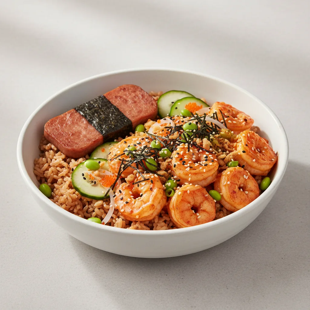 Spicy Shrimp Bowl Combo (Regular) — Brown Rice / Garlic Spam Musubi Spicy Shrimp Bowl Combo (Regular) — Brown Rice / Garlic Spam Musubi