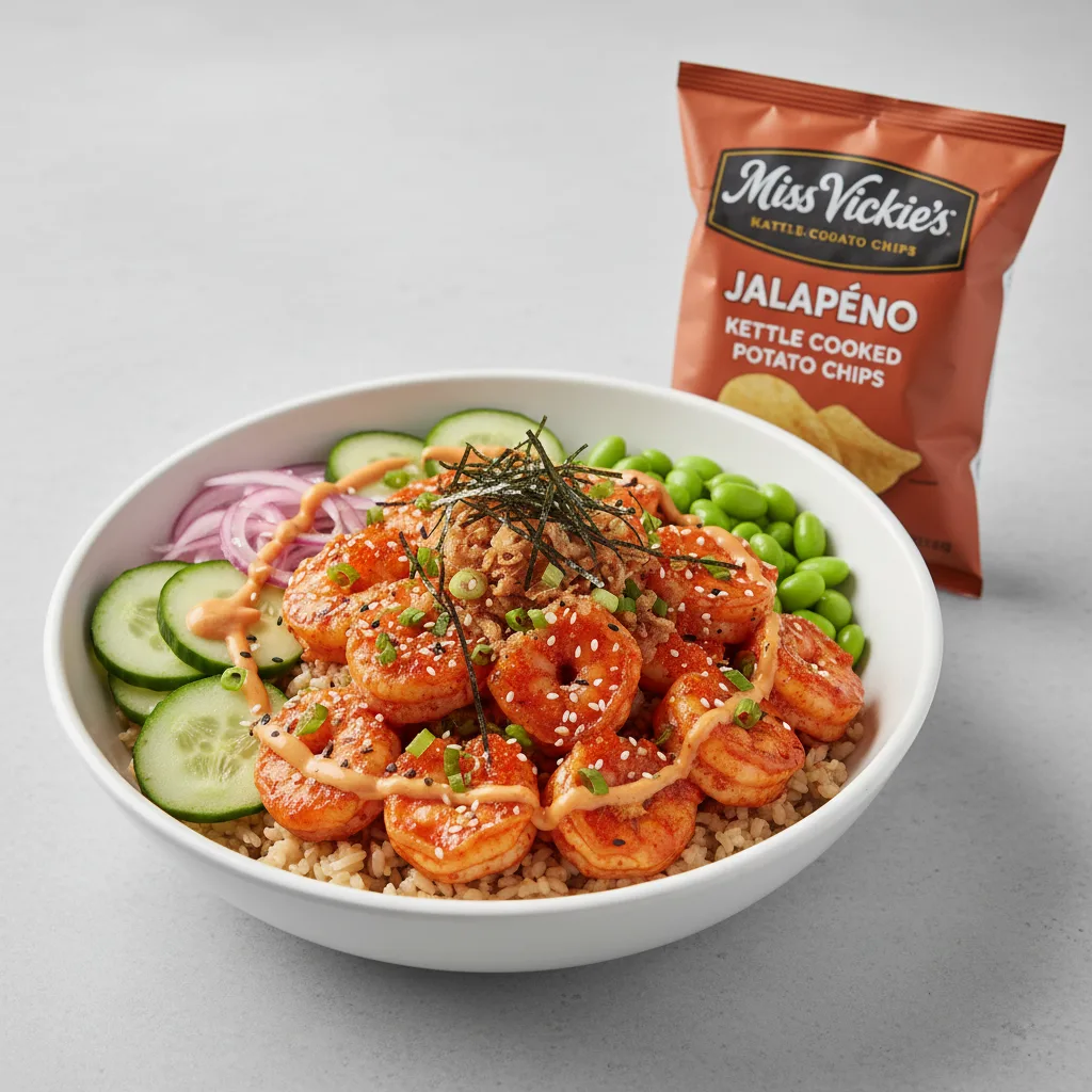 Spicy Shrimp Bowl Combo (Regular) — Brown Rice / Miss Vickie's Jalapeno Kettle Cooked Potato Chips Spicy Shrimp Bowl Combo (Regular) — Brown Rice / Miss Vickie's Jalapeno Kettle Cooked Potato Chips
