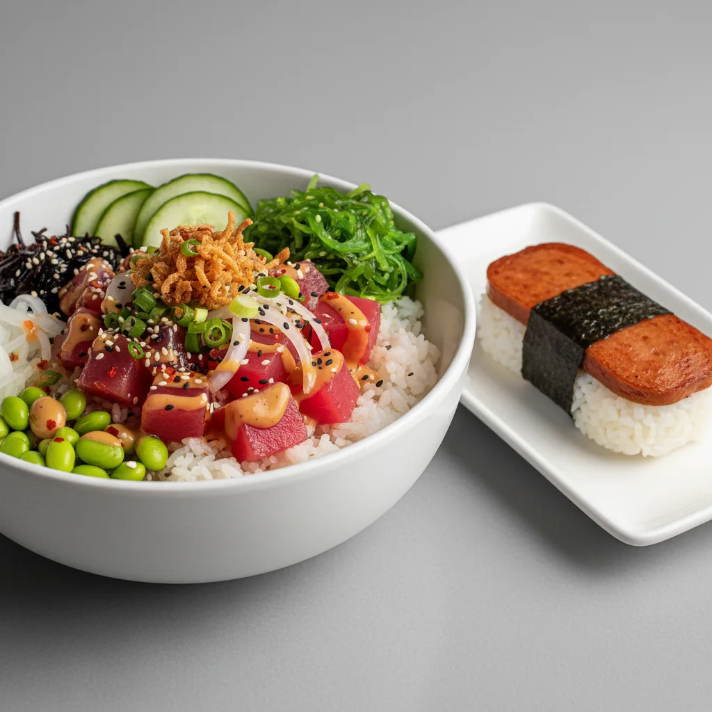 Hawaiian Ahi Bowl Combo (Regular) — White Rice / Garlic Spam Musubi Hawaiian Ahi Bowl Combo (Regular) — White Rice / Garlic Spam Musubi