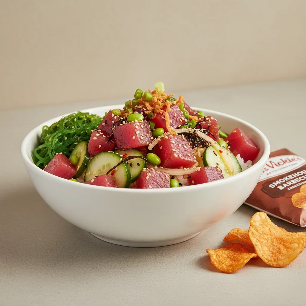 Hawaiian Ahi Bowl Combo (Regular) — White Rice / Miss Vickie's Smokehouse Barbecue Kettle Cooked Potato Chips Hawaiian Ahi Bowl Combo (Regular) — White Rice / Miss Vickie's Smokehouse Barbecue Kettle Cooked Potato Chips