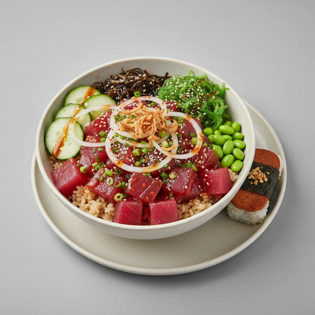 Hawaiian Ahi Bowl Combo (Regular) — Brown Rice / Garlic Spam Musubi Hawaiian Ahi Bowl Combo (Regular) — Brown Rice / Garlic Spam Musubi