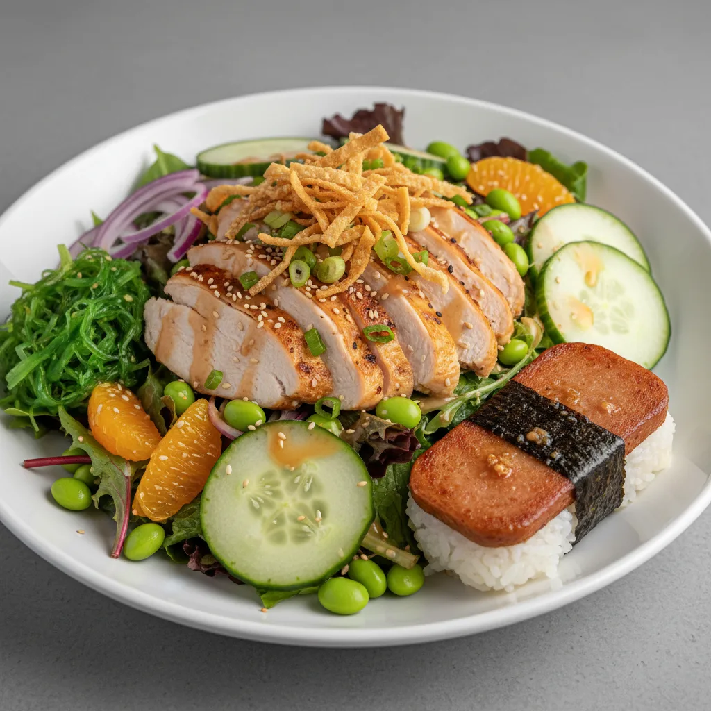 Sweet Sesame Chicken Salad Bowl Combo (Regular) — Mixed Greens / Garlic Spam Musubi Sweet Sesame Chicken Salad Bowl Combo (Regular) — Mixed Greens / Garlic Spam Musubi