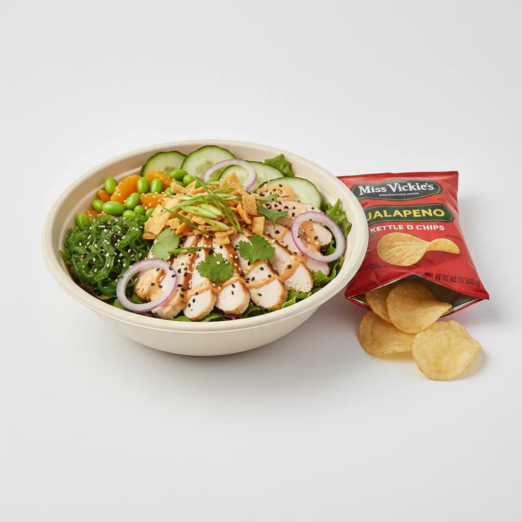Sweet Sesame Chicken Salad Bowl Combo (Regular) — Mixed Greens / Miss Vickie's Jalapeno Kettle Cooked Potato Chips Sweet Sesame Chicken Salad Bowl Combo (Regular) — Mixed Greens / Miss Vickie's Jalapeno Kettle Cooked Potato Chips