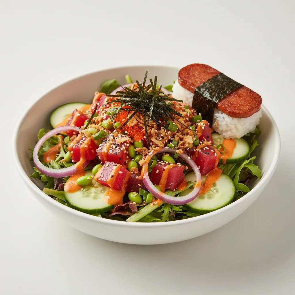 Spicy Ahi Salad Bowl Combo (Regular) — Mixed Greens / Garlic Spam Musubi Spicy Ahi Salad Bowl Combo (Regular) — Mixed Greens / Garlic Spam Musubi