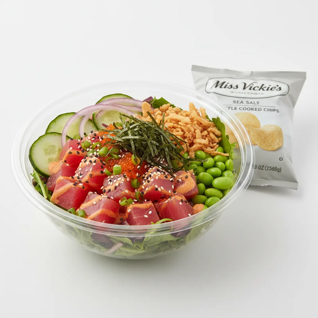 Spicy Ahi Salad Bowl Combo (Regular) — Mixed Greens / Miss Vickie's Sea Salt Kettle Cooked Potato Chips Spicy Ahi Salad Bowl Combo (Regular) — Mixed Greens / Miss Vickie's Sea Salt Kettle Cooked Potato Chips