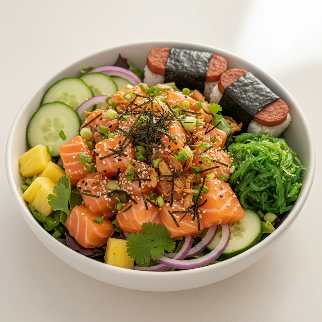 Yuzu Ponzu Salmon Salad Bowl Combo (Regular) — Mixed Greens / Garlic Spam Musubi Yuzu Ponzu Salmon Salad Bowl Combo (Regular) — Mixed Greens / Garlic Spam Musubi
