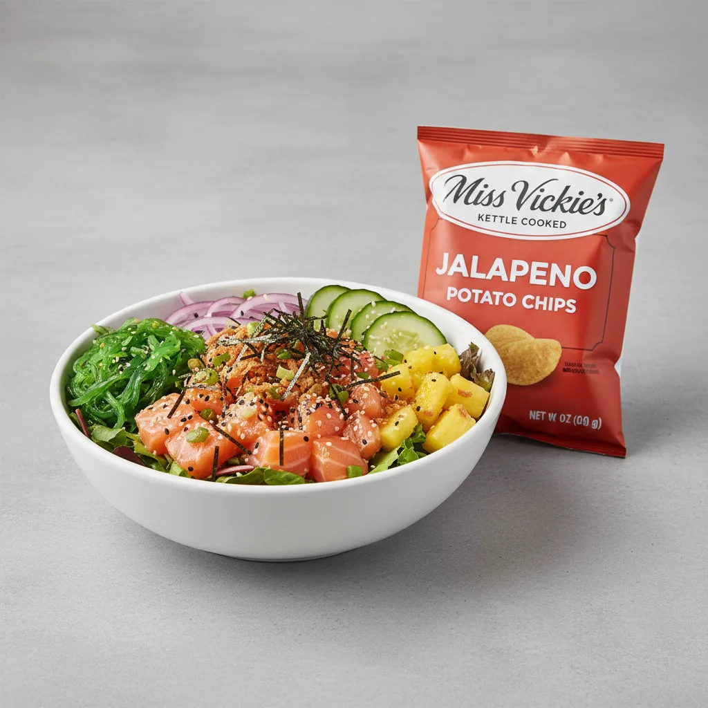 Yuzu Ponzu Salmon Salad Bowl Combo (Regular) — Mixed Greens / Miss Vickie's Jalapeno Kettle Cooked Potato Chips Yuzu Ponzu Salmon Salad Bowl Combo (Regular) — Mixed Greens / Miss Vickie's Jalapeno Kettle Cooked Potato Chips