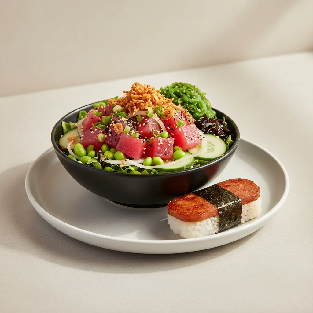 Hawaiian Ahi Salad Bowl Combo (Regular) — Mixed Greens / Garlic Spam Musubi Hawaiian Ahi Salad Bowl Combo (Regular) — Mixed Greens / Garlic Spam Musubi
