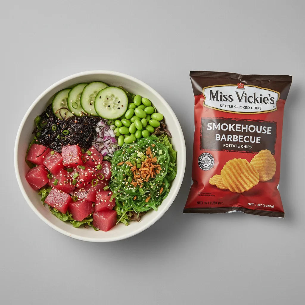 Hawaiian Ahi Salad Bowl Combo (Regular) — Mixed Greens / Miss Vickie's Smokehouse Barbecue Kettle Cooked Potato Chips Hawaiian Ahi Salad Bowl Combo (Regular) — Mixed Greens / Miss Vickie's Smokehouse Barbecue Kettle Cooked Potato Chips