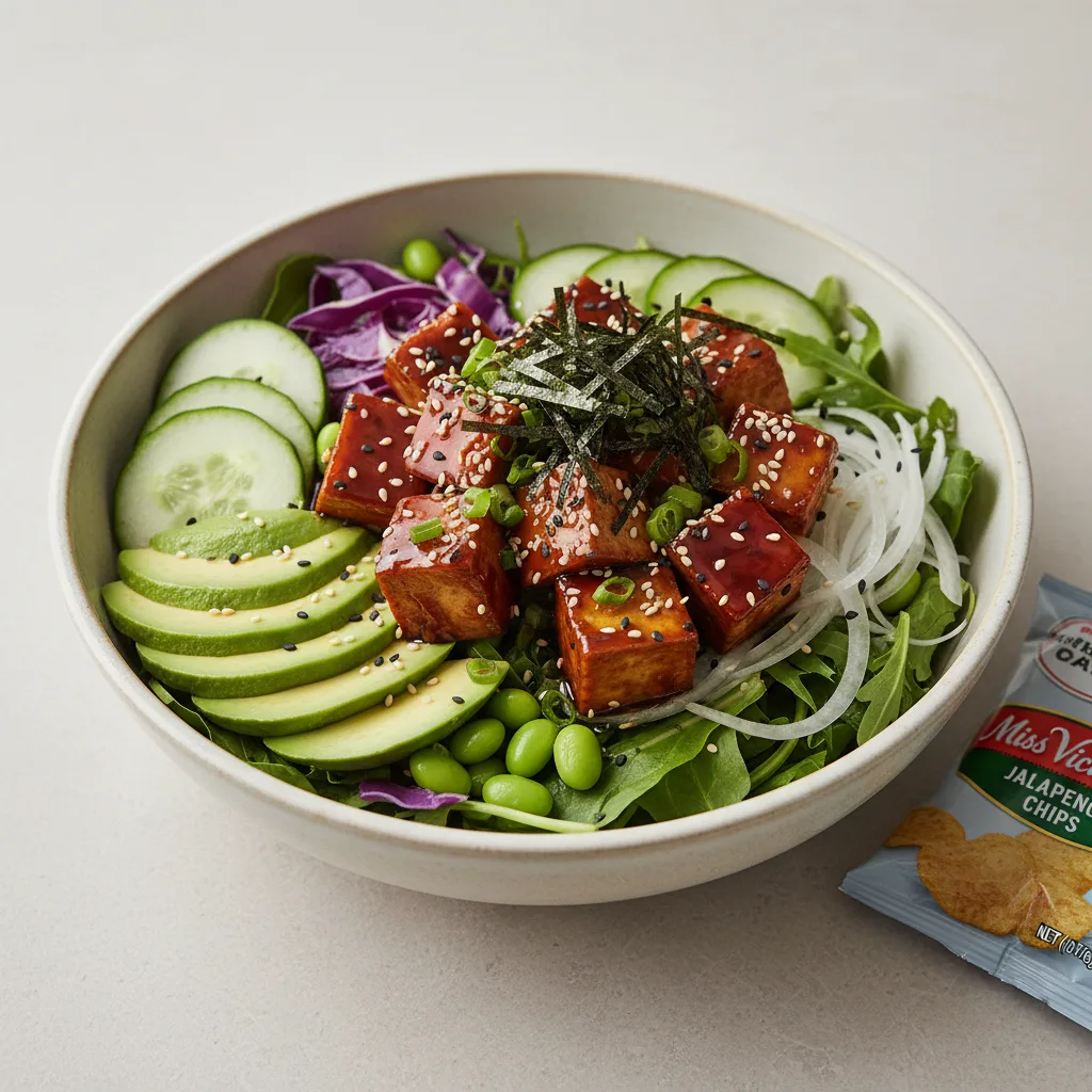 Sweet Shoyu Tofu Salad Bowl Combo (Regular) — Mixed Greens / Miss Vickie's Jalapeno Kettle Cooked Potato Chips Sweet Shoyu Tofu Salad Bowl Combo (Regular) — Mixed Greens / Miss Vickie's Jalapeno Kettle Cooked Potato Chips