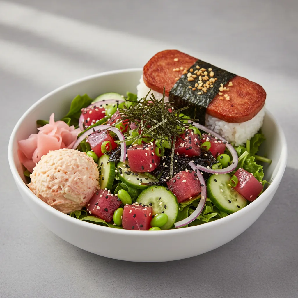 Umami Ahi Salad Bowl Combo (Regular) — Mixed Greens / Garlic Spam Musubi Umami Ahi Salad Bowl Combo (Regular) — Mixed Greens / Garlic Spam Musubi