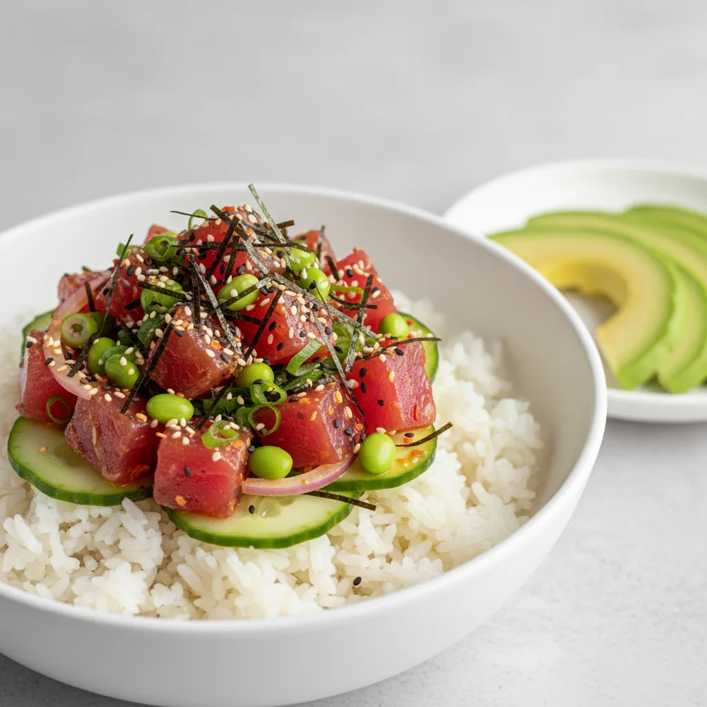 Gluten Free Hawaiian Ahi Bowl Combo (Regular) — White Rice / Side of Avocado Gluten Free Hawaiian Ahi Bowl Combo (Regular) — White Rice / Side of Avocado