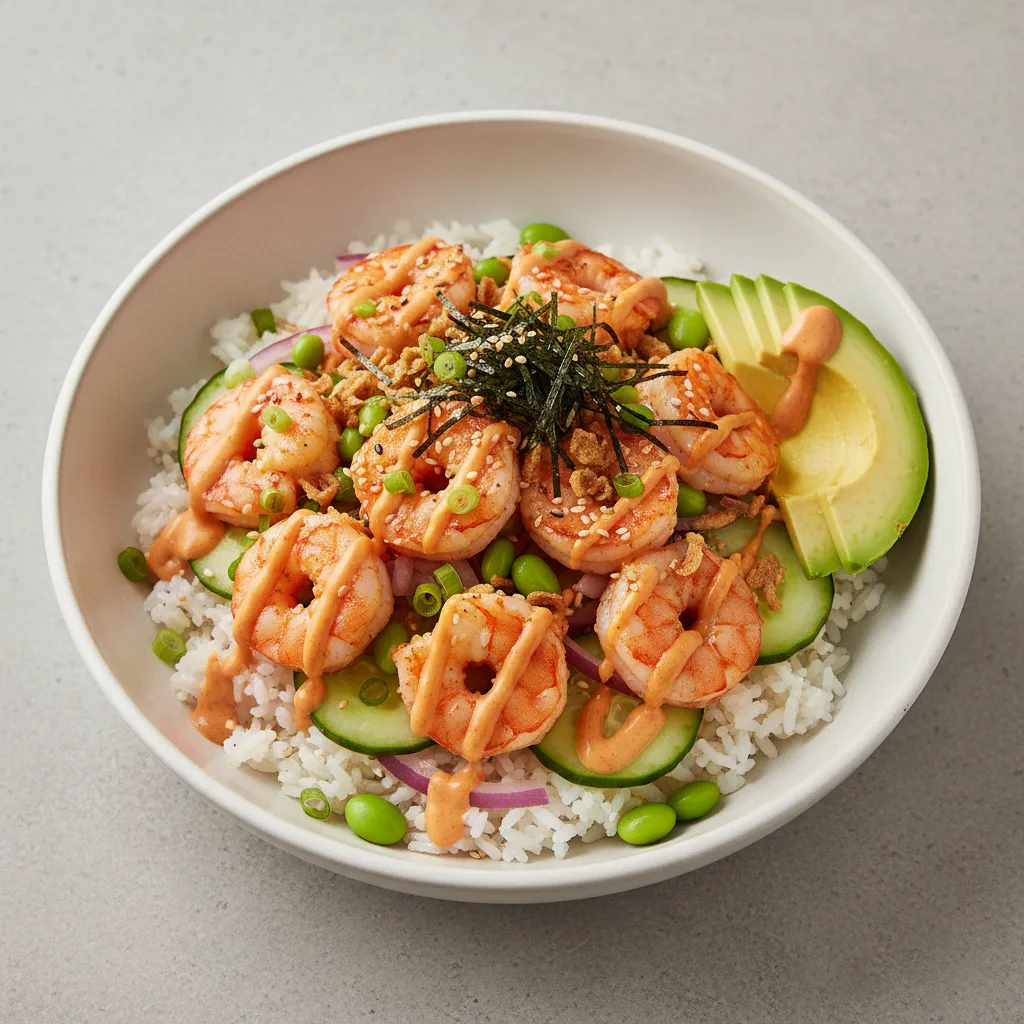 Gluten Free Spicy Shrimp Bowl Combo (Regular) — White Rice / Side of Avocado Gluten Free Spicy Shrimp Bowl Combo (Regular) — White Rice / Side of Avocado