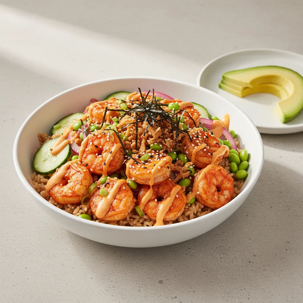 Gluten Free Spicy Shrimp Bowl Combo (Regular) — Brown Rice / Side of Avocado Gluten Free Spicy Shrimp Bowl Combo (Regular) — Brown Rice / Side of Avocado