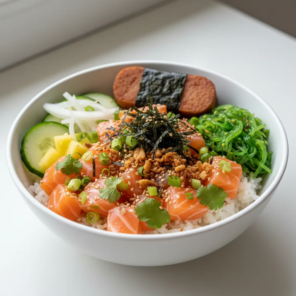 Yuzu Ponzu Salmon Bowl Combo (Regular) — White Rice / Garlic Spam Musubi Yuzu Ponzu Salmon Bowl Combo (Regular) — White Rice / Garlic Spam Musubi