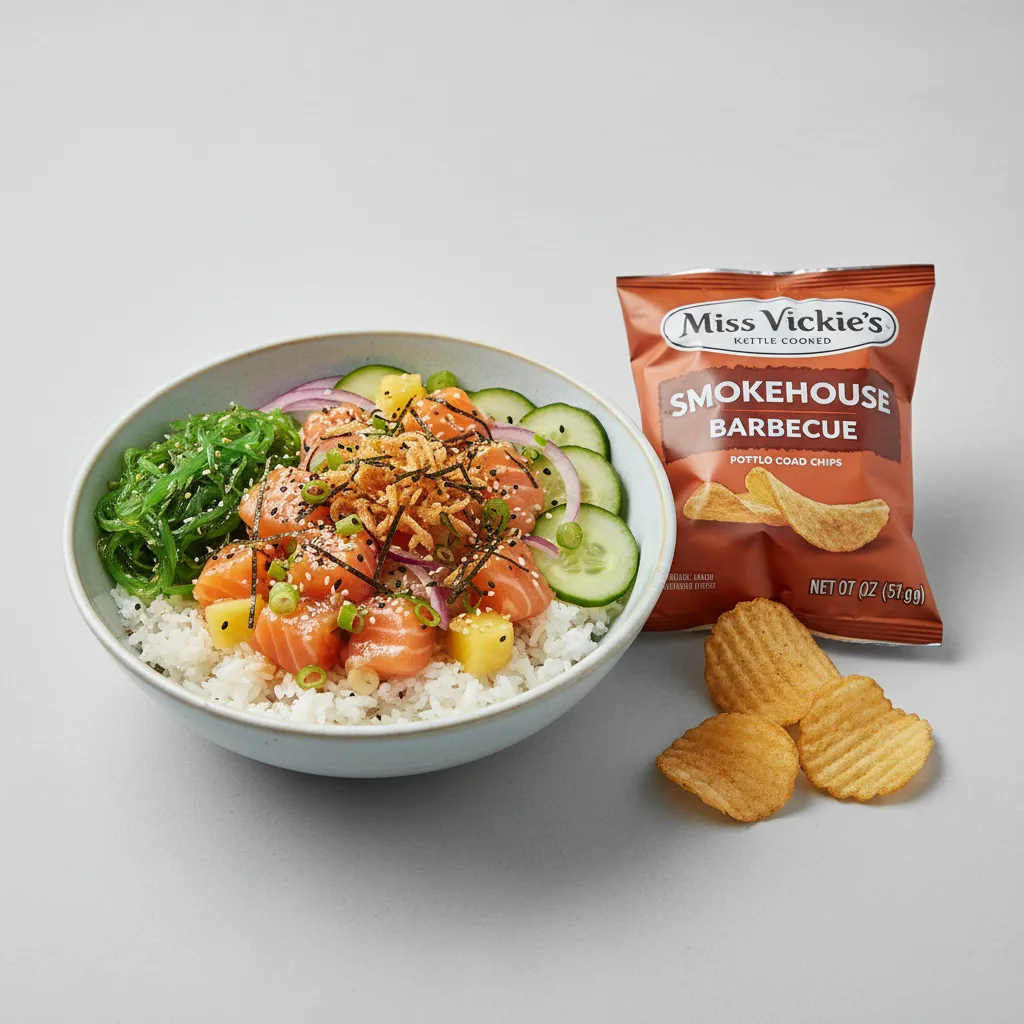 Yuzu Ponzu Salmon Bowl Combo (Regular) — White Rice / Miss Vickie's Smokehouse Barbecue Kettle Cooked Potato Chips Yuzu Ponzu Salmon Bowl Combo (Regular) — White Rice / Miss Vickie's Smokehouse Barbecue Kettle Cooked Potato Chips