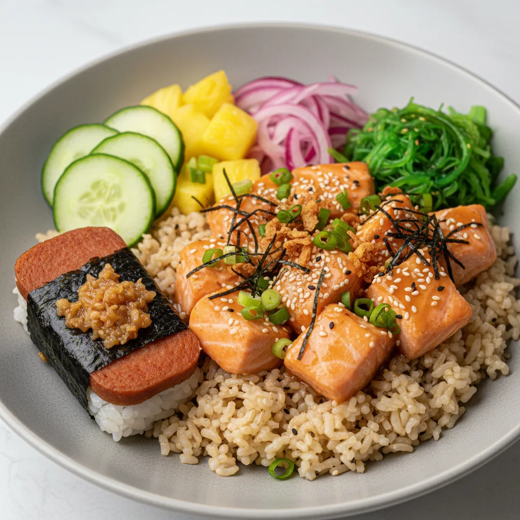 Yuzu Ponzu Salmon Bowl Combo (Regular) — Brown Rice / Garlic Spam Musubi Yuzu Ponzu Salmon Bowl Combo (Regular) — Brown Rice / Garlic Spam Musubi