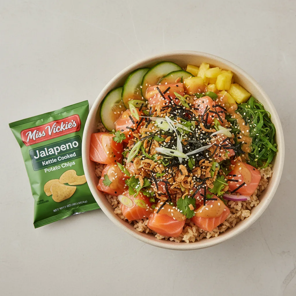Yuzu Ponzu Salmon Bowl Combo (Regular) — Brown Rice / Miss Vickie's Jalapeno Kettle Cooked Potato Chips Yuzu Ponzu Salmon Bowl Combo (Regular) — Brown Rice / Miss Vickie's Jalapeno Kettle Cooked Potato Chips