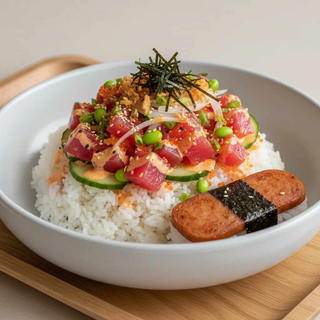 Spicy Ahi Bowl Combo (Regular) — White Rice / Garlic Spam Musubi Spicy Ahi Bowl Combo (Regular) — White Rice / Garlic Spam Musubi