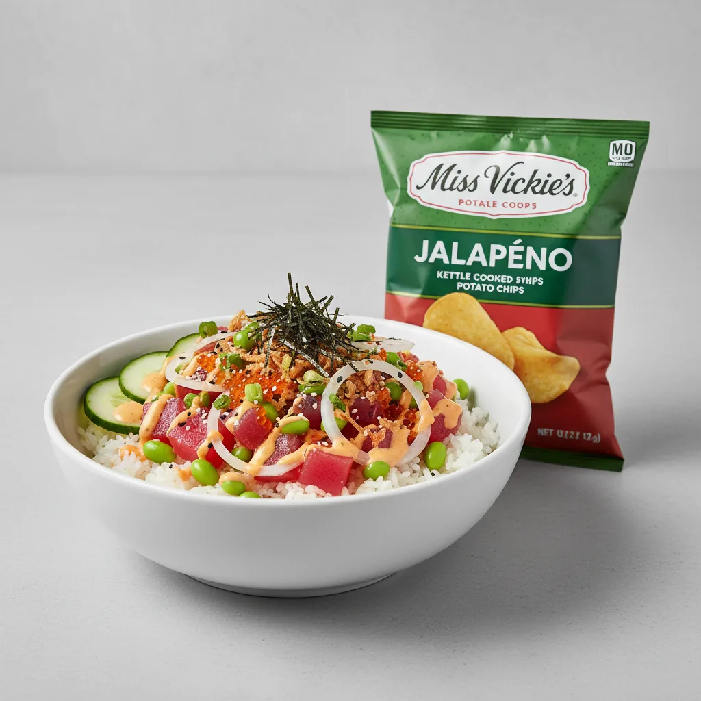 Spicy Ahi Bowl Combo (Regular) — White Rice / Miss Vickie's Jalapeno Kettle Cooked Potato Chips Spicy Ahi Bowl Combo (Regular) — White Rice / Miss Vickie's Jalapeno Kettle Cooked Potato Chips
