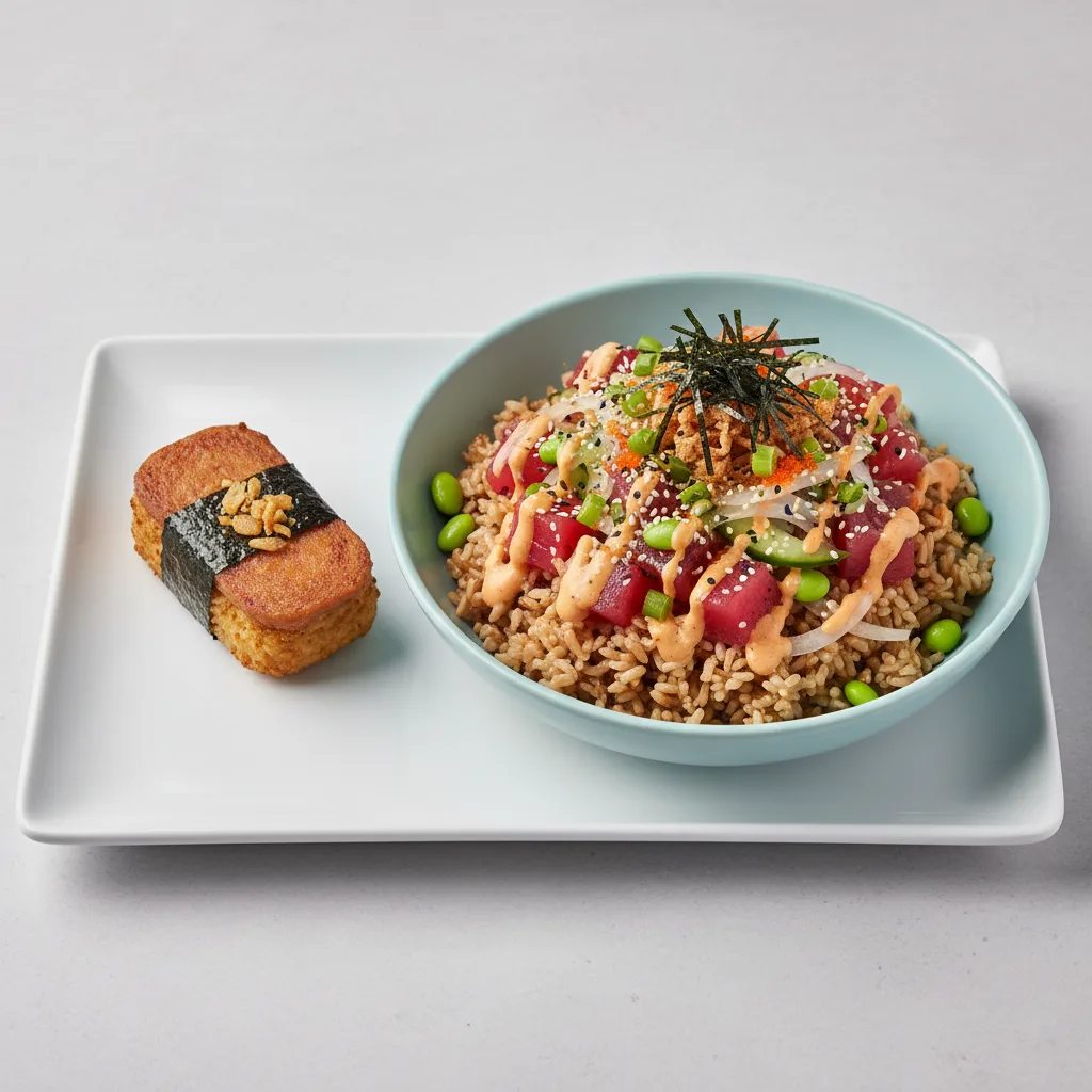 Spicy Ahi Bowl Combo (Regular) — Brown Rice / Garlic Spam Musubi Spicy Ahi Bowl Combo (Regular) — Brown Rice / Garlic Spam Musubi
