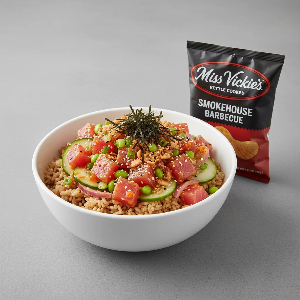 Spicy Ahi Bowl Combo (Regular) — Brown Rice / Miss Vickie's Smokehouse Barbecue Kettle Cooked Potato Chips Spicy Ahi Bowl Combo (Regular) — Brown Rice / Miss Vickie's Smokehouse Barbecue Kettle Cooked Potato Chips