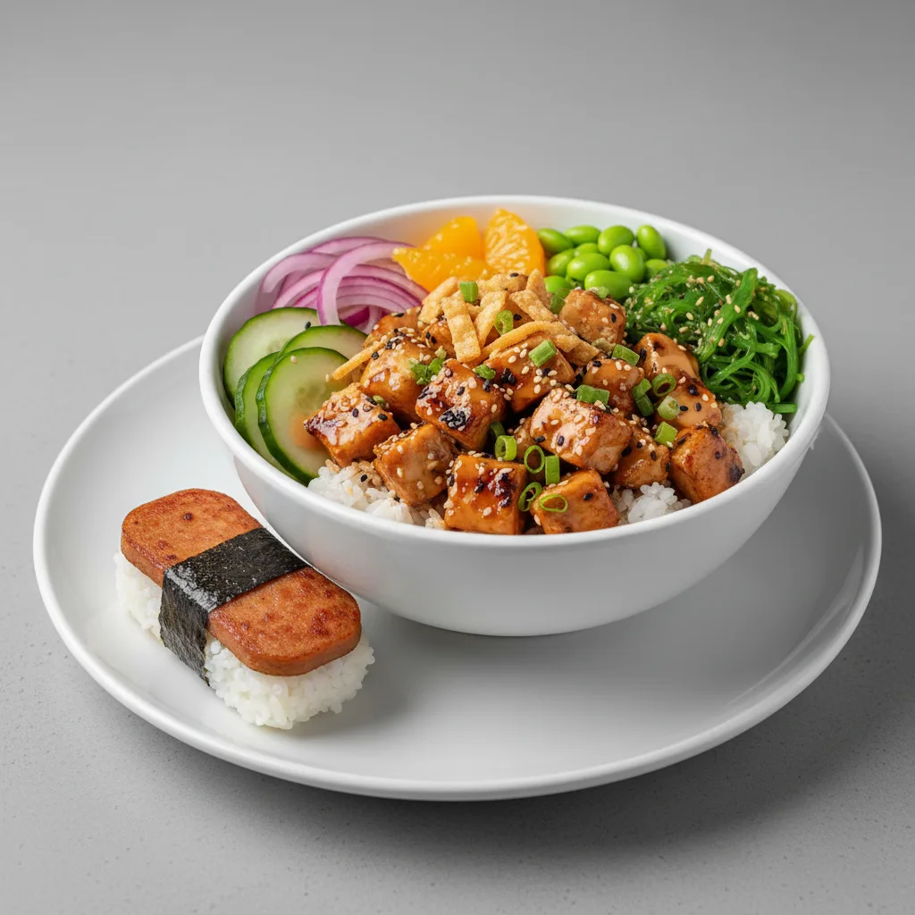 Sweet Sesame Chicken Bowl Combo (Regular) — White Rice / Garlic Spam Musubi Sweet Sesame Chicken Bowl Combo (Regular) — White Rice / Garlic Spam Musubi