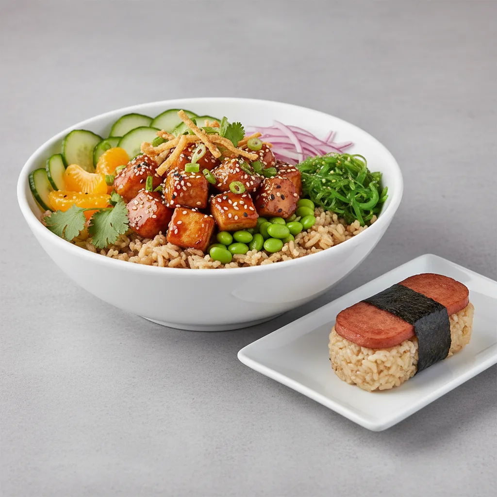 Sweet Sesame Chicken Bowl Combo (Regular) — Brown Rice / Garlic Spam Musubi Sweet Sesame Chicken Bowl Combo (Regular) — Brown Rice / Garlic Spam Musubi