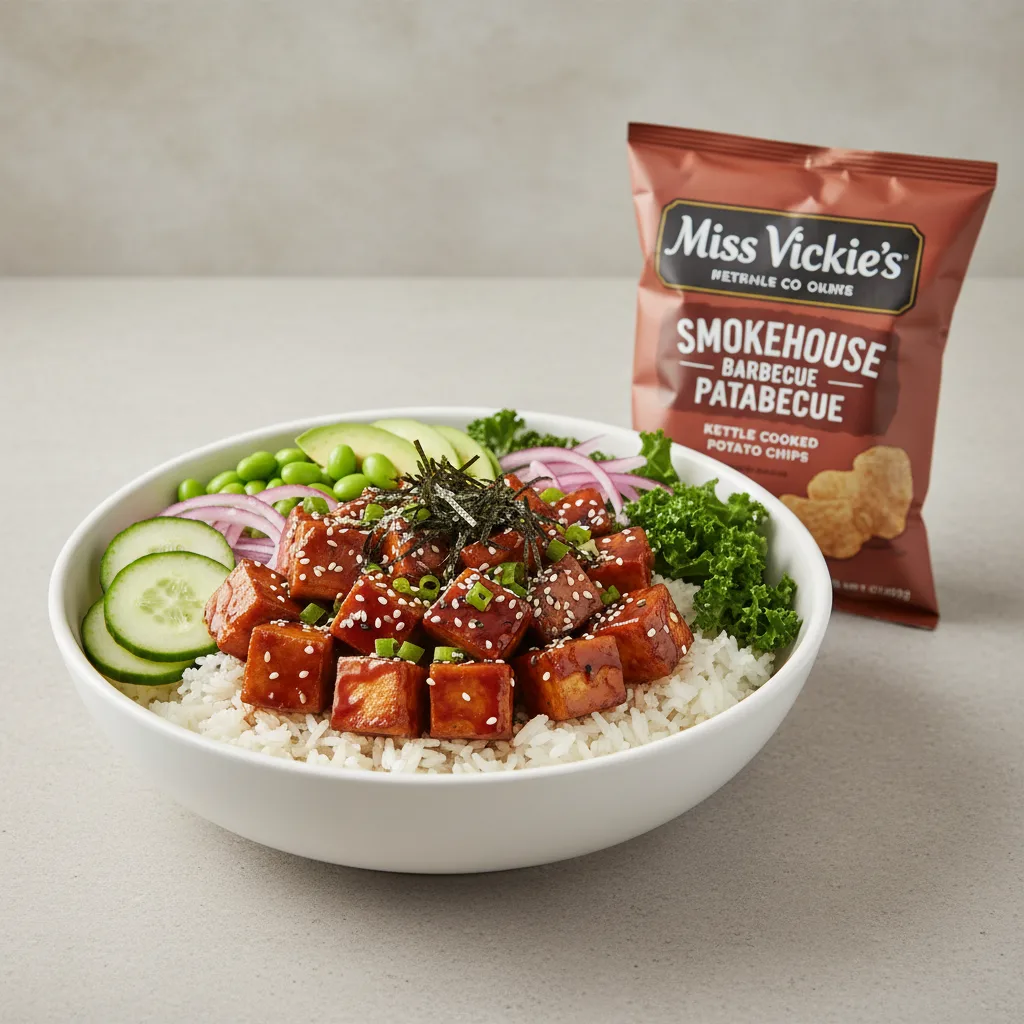 Sweet Shoyu Tofu Bowl Combo (Regular) — White Rice / Miss Vickie's Smokehouse Barbecue Kettle Cooked Potato Chips Sweet Shoyu Tofu Bowl Combo (Regular) — White Rice / Miss Vickie's Smokehouse Barbecue Kettle Cooked Potato Chips