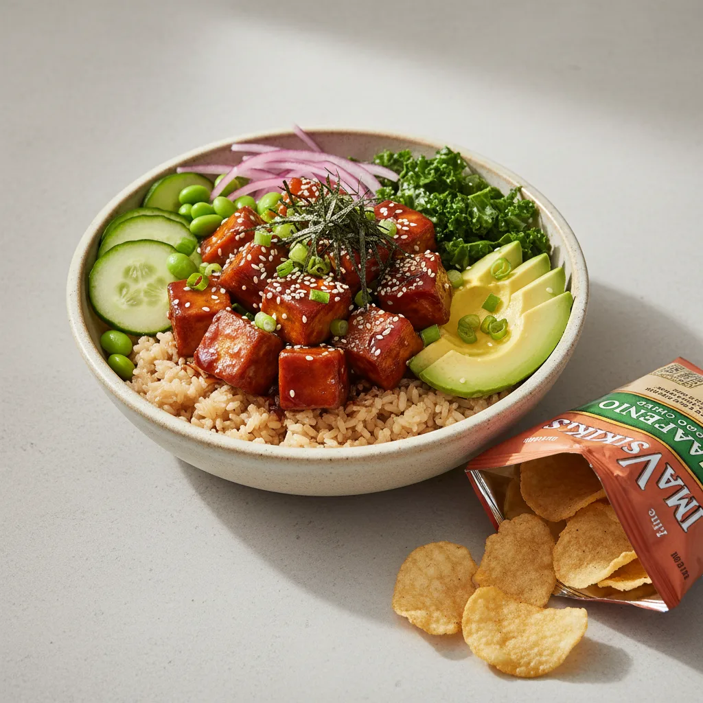 Sweet Shoyu Tofu Bowl Combo (Regular) — Brown Rice / Miss Vickie's Jalapeno Kettle Cooked Potato Chips Sweet Shoyu Tofu Bowl Combo (Regular) — Brown Rice / Miss Vickie's Jalapeno Kettle Cooked Potato Chips