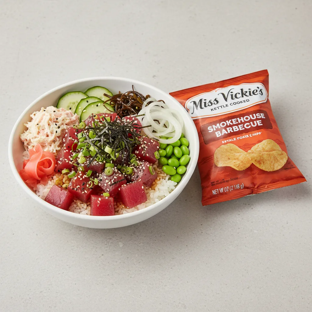 Umami Ahi Bowl Combo (Regular) — White Rice / Miss Vickie's Smokehouse Barbecue Kettle Cooked Potato Chips Umami Ahi Bowl Combo (Regular) — White Rice / Miss Vickie's Smokehouse Barbecue Kettle Cooked Potato Chips