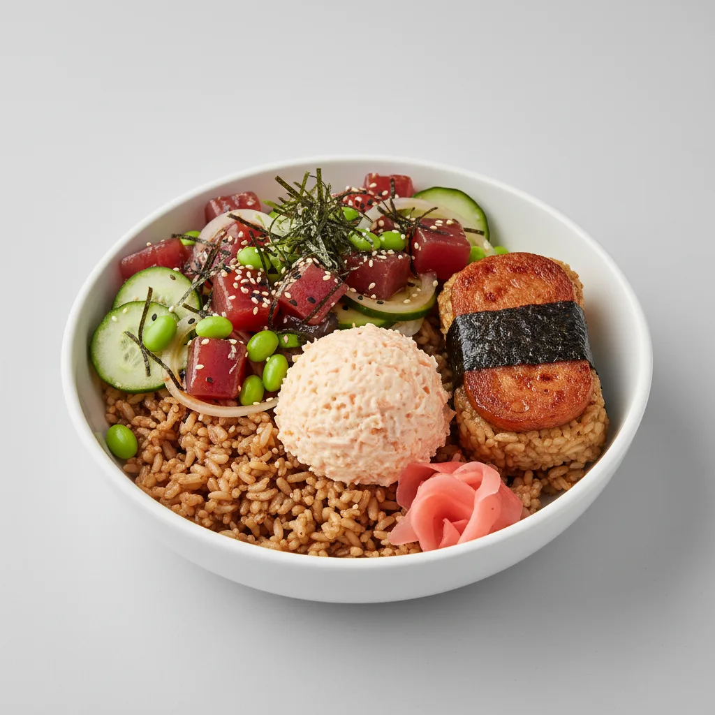 Umami Ahi Bowl Combo (Regular) — Brown Rice / Garlic Spam Musubi Umami Ahi Bowl Combo (Regular) — Brown Rice / Garlic Spam Musubi