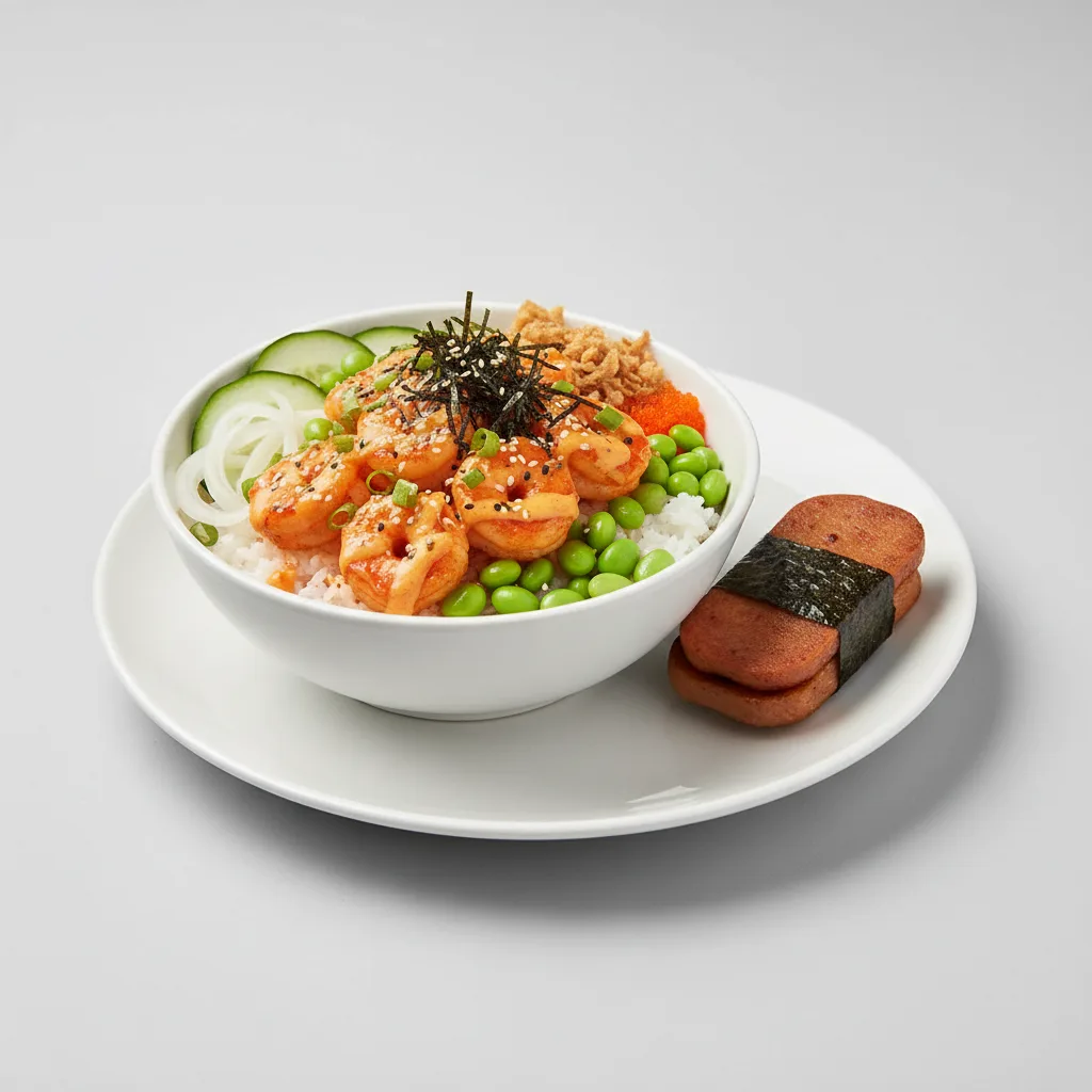Spicy Shrimp Bowl Combo (Regular) — White Rice / Garlic Spam Musubi Spicy Shrimp Bowl Combo (Regular) — White Rice / Garlic Spam Musubi