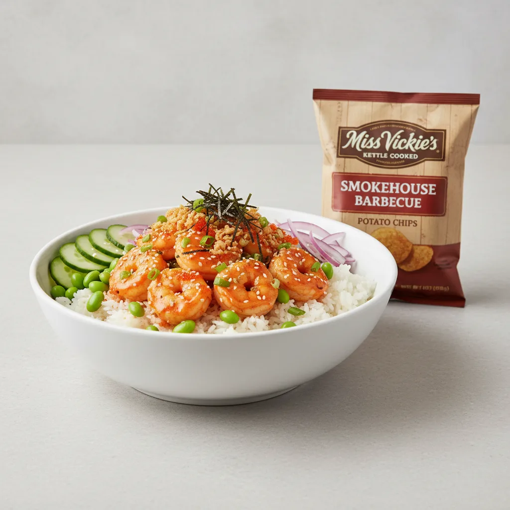 Spicy Shrimp Bowl Combo (Regular) — White Rice / Miss Vickie's Smokehouse Barbecue Kettle Cooked Potato Chips Spicy Shrimp Bowl Combo (Regular) — White Rice / Miss Vickie's Smokehouse Barbecue Kettle Cooked Potato Chips