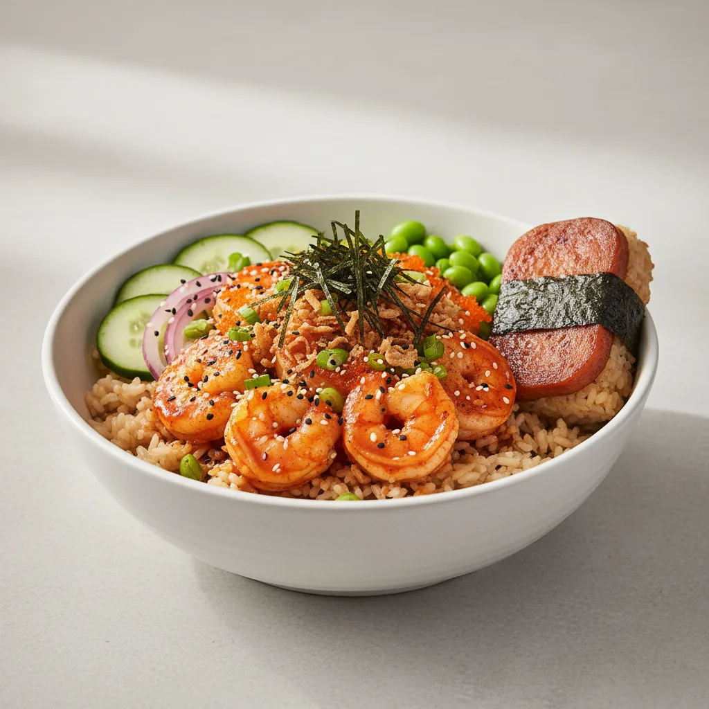 Spicy Shrimp Bowl Combo (Regular) — Brown Rice / Garlic Spam Musubi Spicy Shrimp Bowl Combo (Regular) — Brown Rice / Garlic Spam Musubi