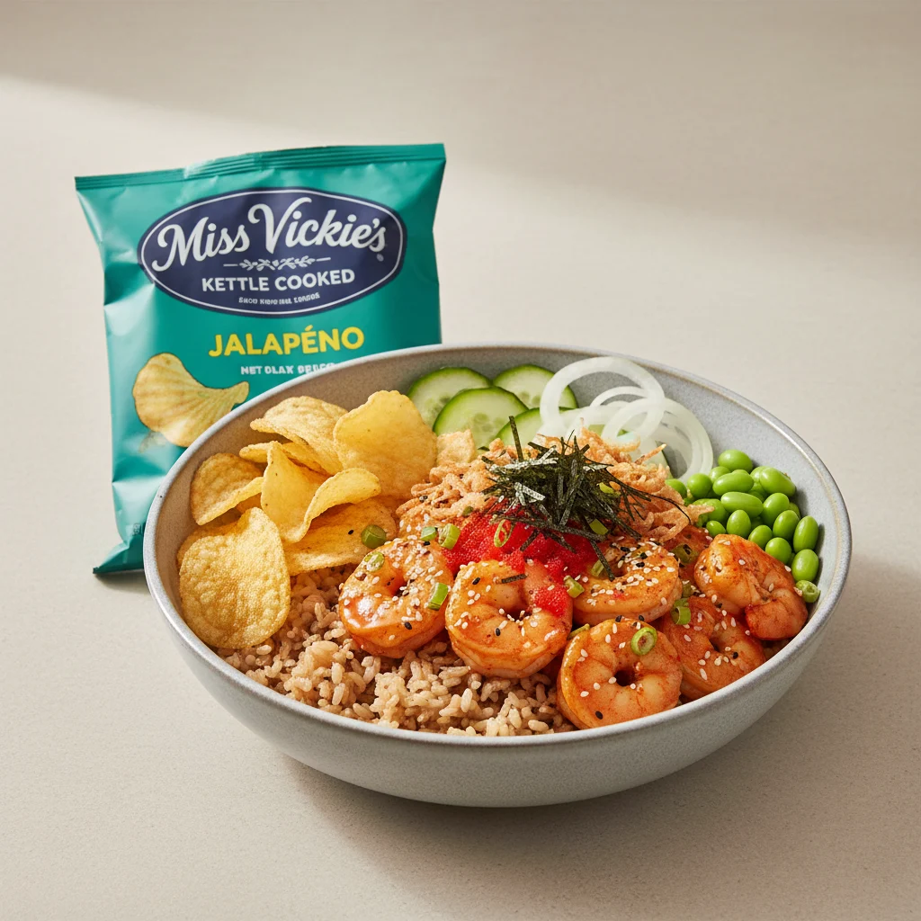 Spicy Shrimp Bowl Combo (Regular) — Brown Rice / Miss Vickie's Jalapeno Kettle Cooked Potato Chips Spicy Shrimp Bowl Combo (Regular) — Brown Rice / Miss Vickie's Jalapeno Kettle Cooked Potato Chips