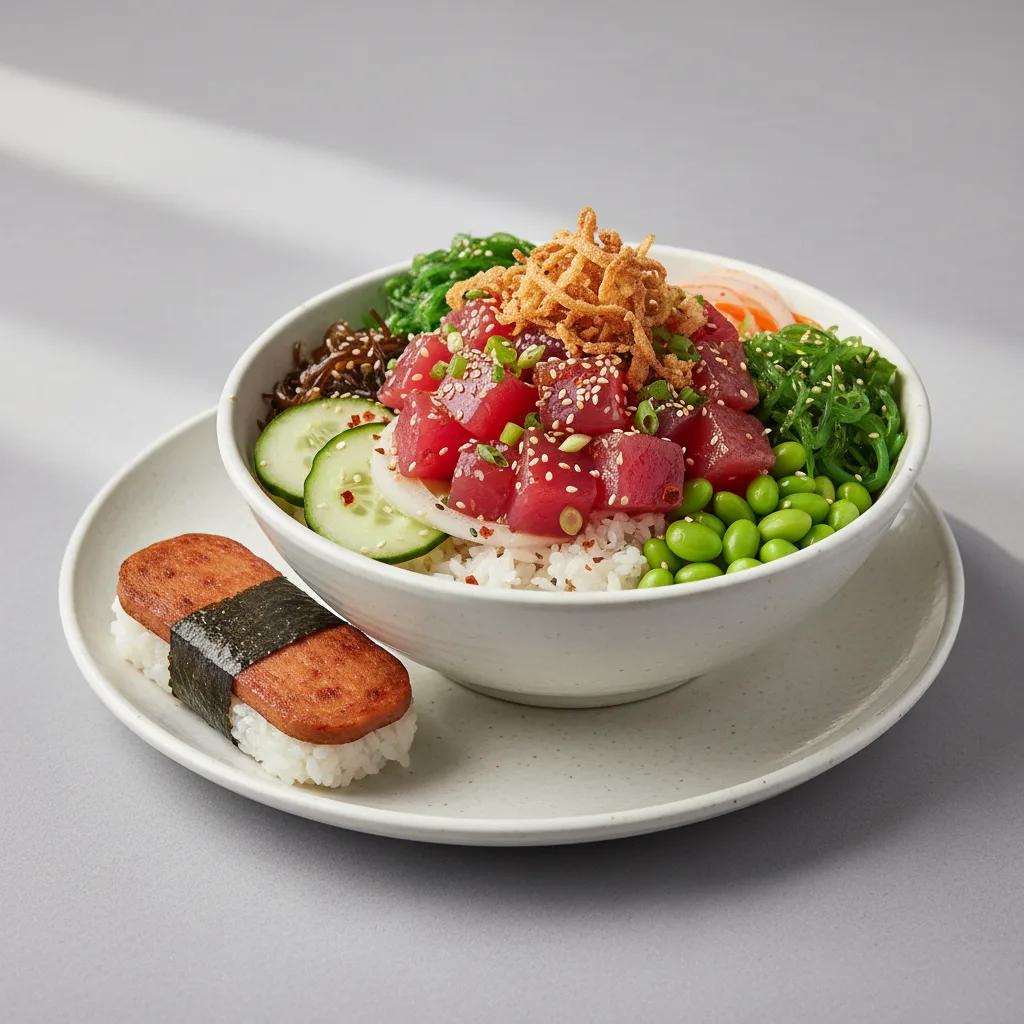 Hawaiian Ahi Bowl Combo (Regular) — White Rice / Garlic Spam Musubi Hawaiian Ahi Bowl Combo (Regular) — White Rice / Garlic Spam Musubi