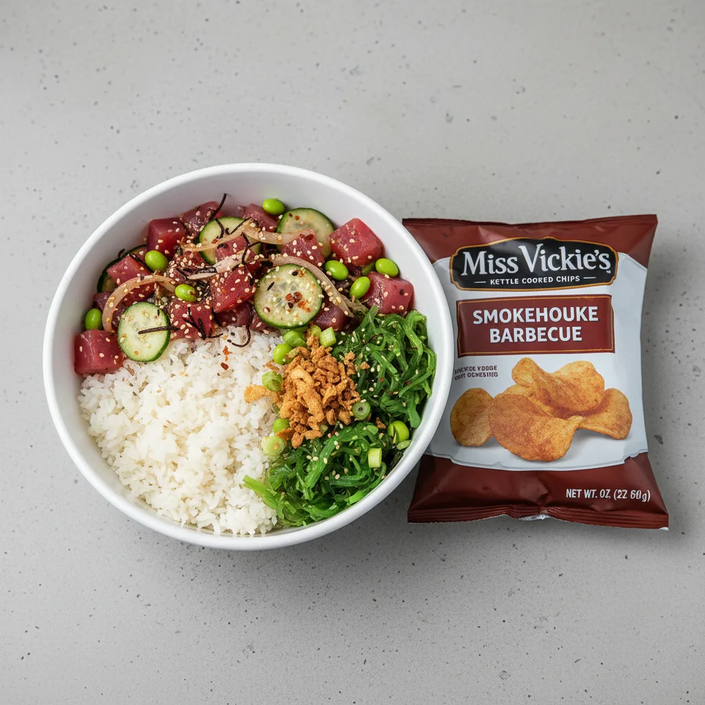 Hawaiian Ahi Bowl Combo (Regular) — White Rice / Miss Vickie's Smokehouse Barbecue Kettle Cooked Potato Chips Hawaiian Ahi Bowl Combo (Regular) — White Rice / Miss Vickie's Smokehouse Barbecue Kettle Cooked Potato Chips