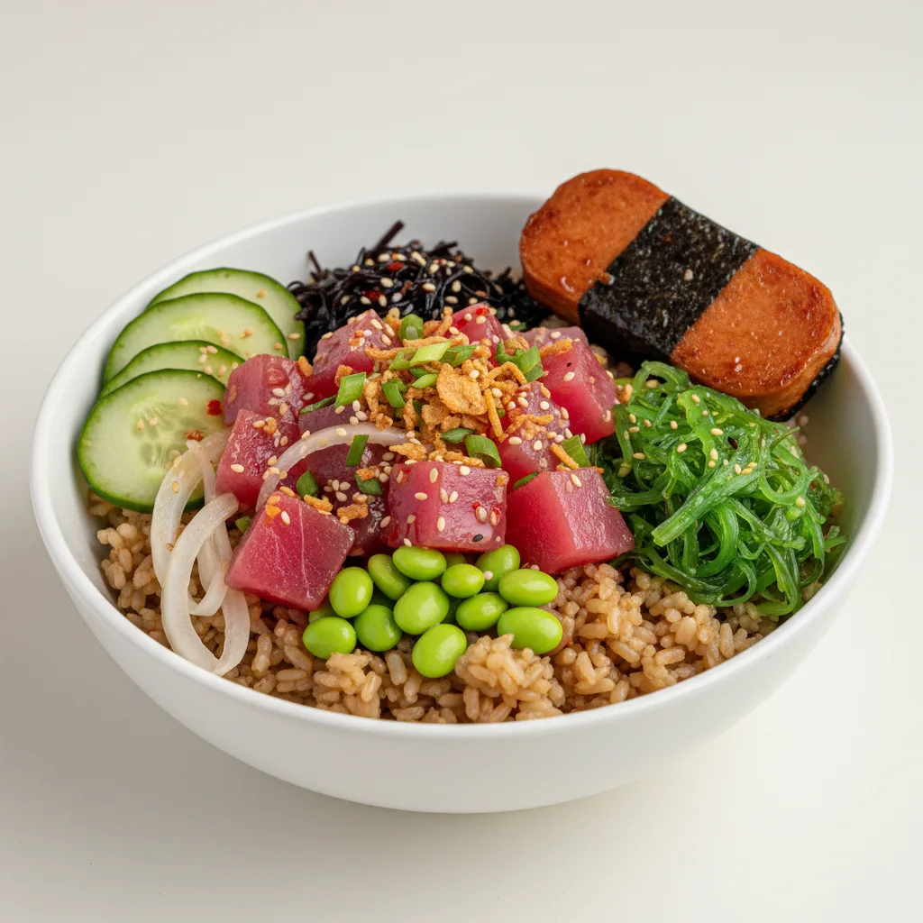 Hawaiian Ahi Bowl Combo (Regular) — Brown Rice / Garlic Spam Musubi Hawaiian Ahi Bowl Combo (Regular) — Brown Rice / Garlic Spam Musubi