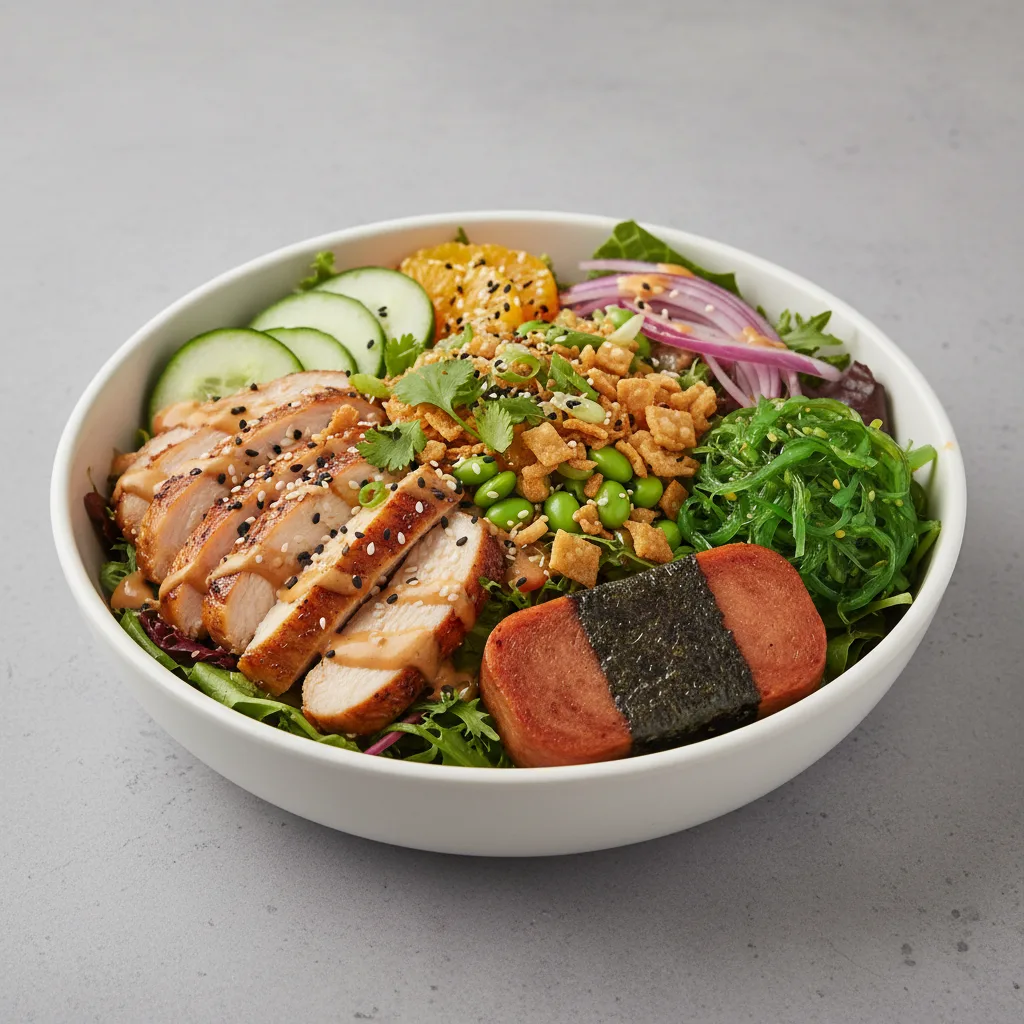 Sweet Sesame Chicken Salad Bowl Combo (Regular) — Mixed Greens / Garlic Spam Musubi Sweet Sesame Chicken Salad Bowl Combo (Regular) — Mixed Greens / Garlic Spam Musubi