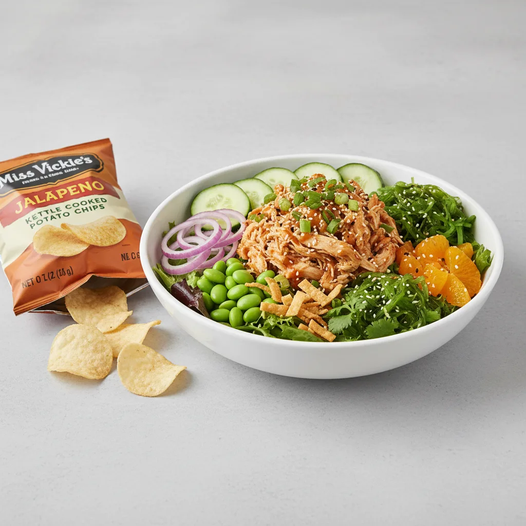 Sweet Sesame Chicken Salad Bowl Combo (Regular) — Mixed Greens / Miss Vickie's Jalapeno Kettle Cooked Potato Chips Sweet Sesame Chicken Salad Bowl Combo (Regular) — Mixed Greens / Miss Vickie's Jalapeno Kettle Cooked Potato Chips