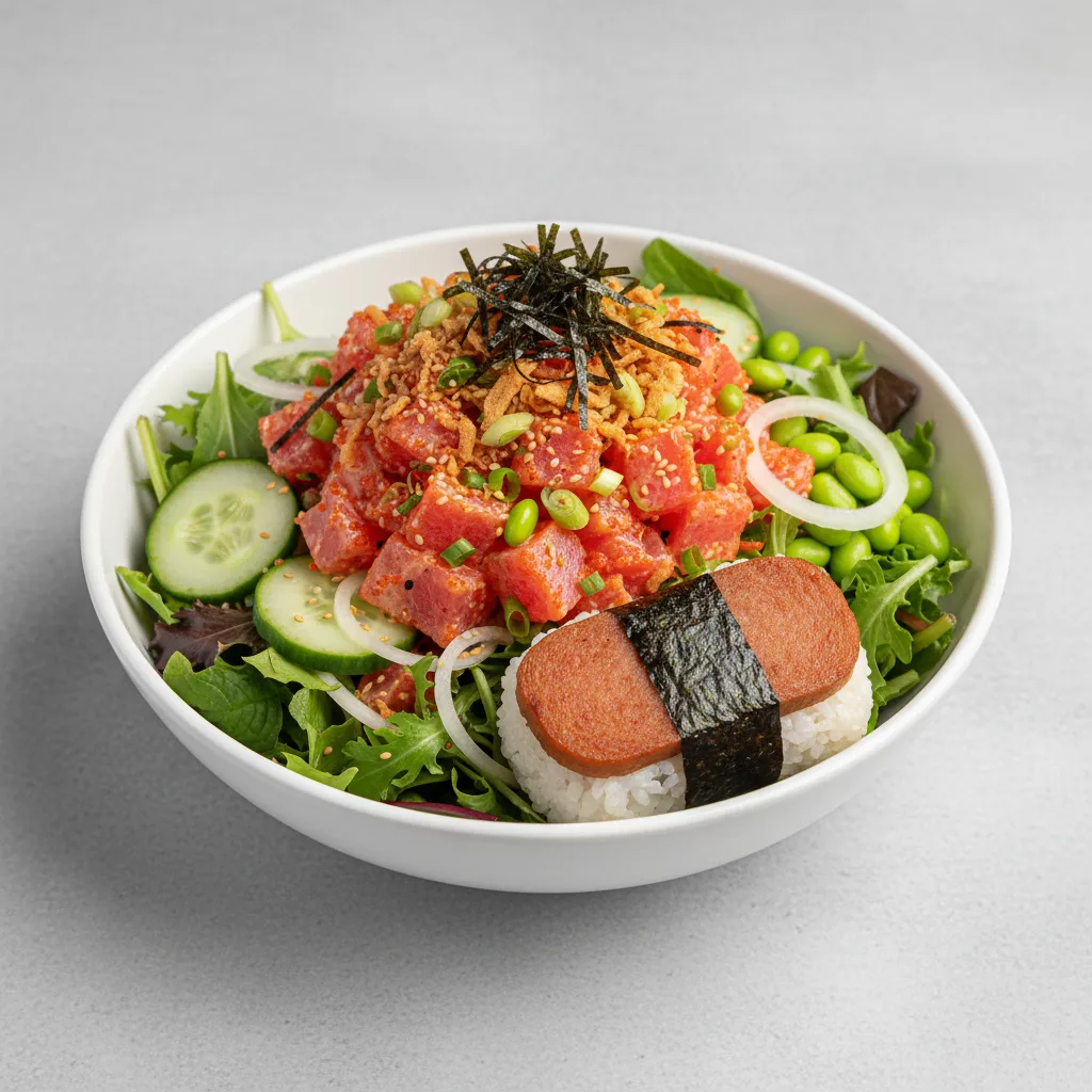 Spicy Ahi Salad Bowl Combo (Regular) — Mixed Greens / Garlic Spam Musubi Spicy Ahi Salad Bowl Combo (Regular) — Mixed Greens / Garlic Spam Musubi