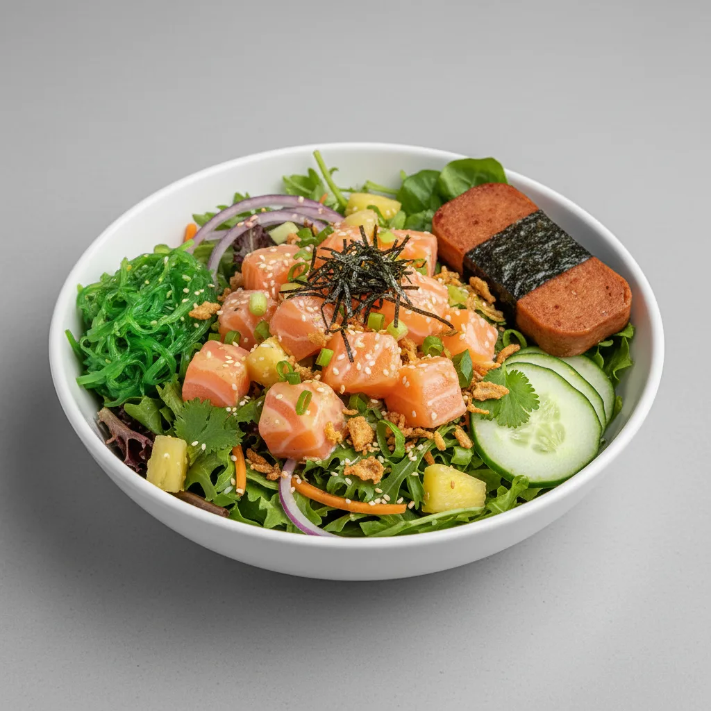 Yuzu Ponzu Salmon Salad Bowl Combo (Regular) — Mixed Greens / Garlic Spam Musubi Yuzu Ponzu Salmon Salad Bowl Combo (Regular) — Mixed Greens / Garlic Spam Musubi