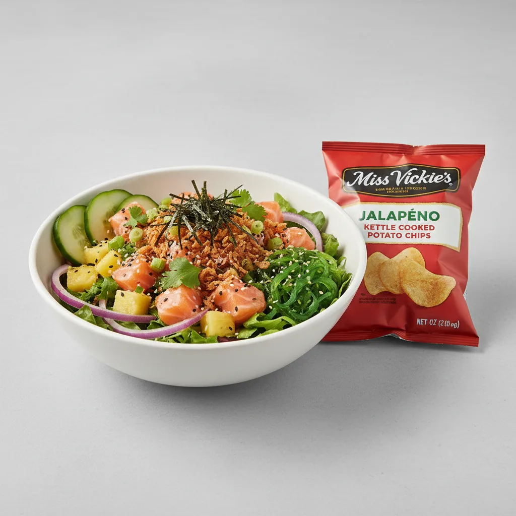 Yuzu Ponzu Salmon Salad Bowl Combo (Regular) — Mixed Greens / Miss Vickie's Jalapeno Kettle Cooked Potato Chips Yuzu Ponzu Salmon Salad Bowl Combo (Regular) — Mixed Greens / Miss Vickie's Jalapeno Kettle Cooked Potato Chips