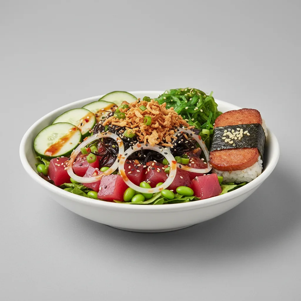 Hawaiian Ahi Salad Bowl Combo (Regular) — Mixed Greens / Garlic Spam Musubi Hawaiian Ahi Salad Bowl Combo (Regular) — Mixed Greens / Garlic Spam Musubi