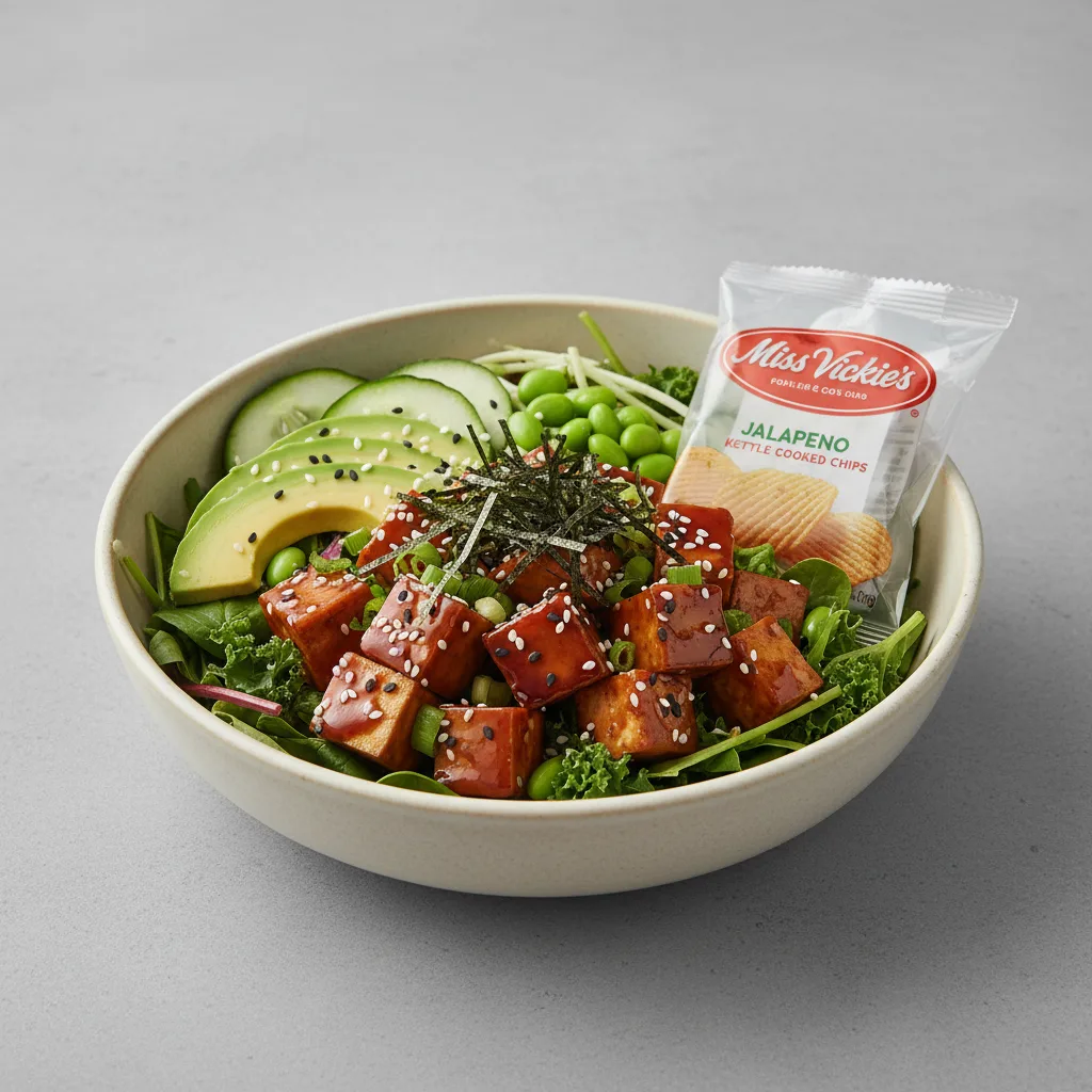 Sweet Shoyu Tofu Salad Bowl Combo (Regular) — Mixed Greens / Miss Vickie's Jalapeno Kettle Cooked Potato Chips Sweet Shoyu Tofu Salad Bowl Combo (Regular) — Mixed Greens / Miss Vickie's Jalapeno Kettle Cooked Potato Chips