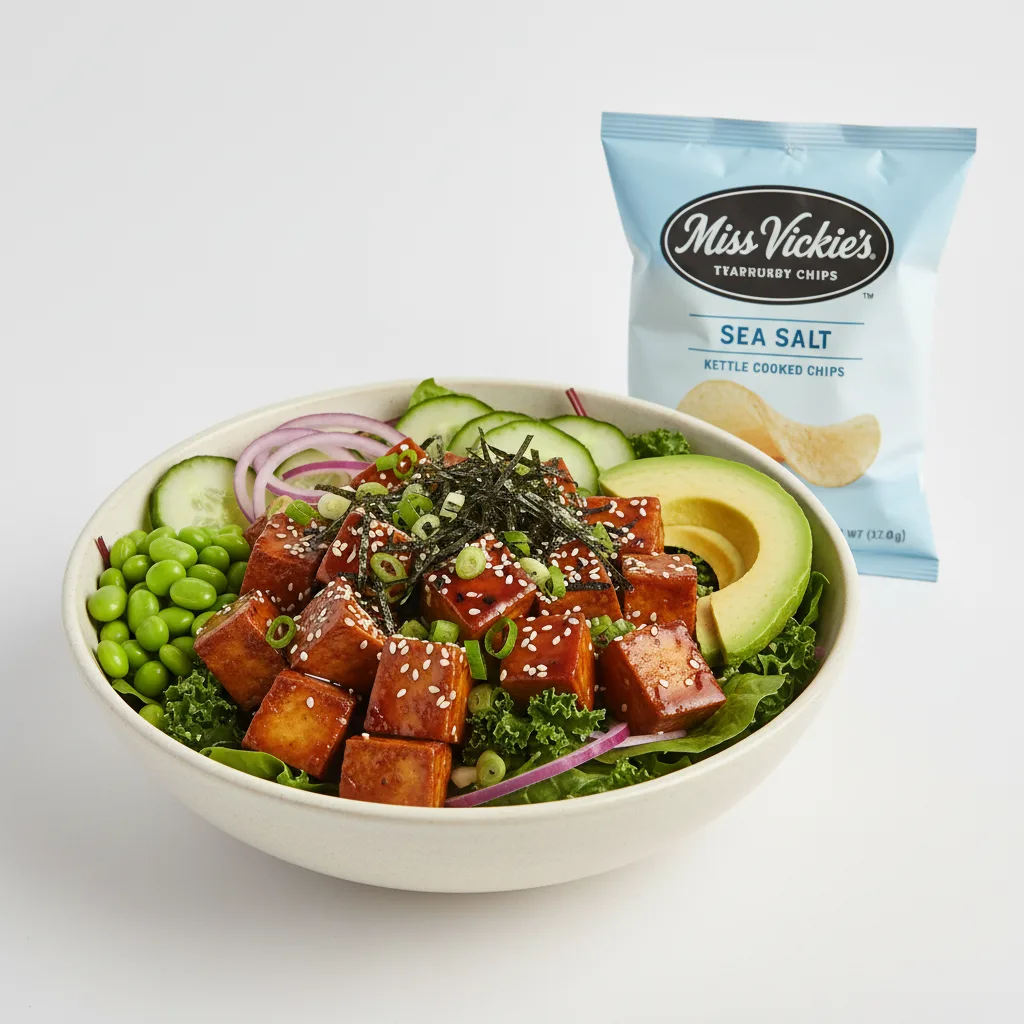 Sweet Shoyu Tofu Salad Bowl Combo (Regular) — Mixed Greens / Miss Vickie's Sea Salt Kettle Cooked Potato Chips Sweet Shoyu Tofu Salad Bowl Combo (Regular) — Mixed Greens / Miss Vickie's Sea Salt Kettle Cooked Potato Chips