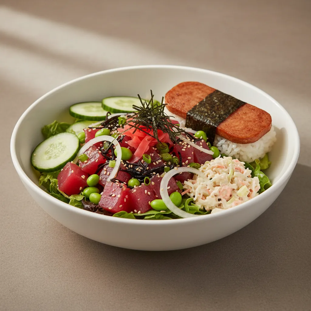 Umami Ahi Salad Bowl Combo (Regular) — Mixed Greens / Garlic Spam Musubi Umami Ahi Salad Bowl Combo (Regular) — Mixed Greens / Garlic Spam Musubi